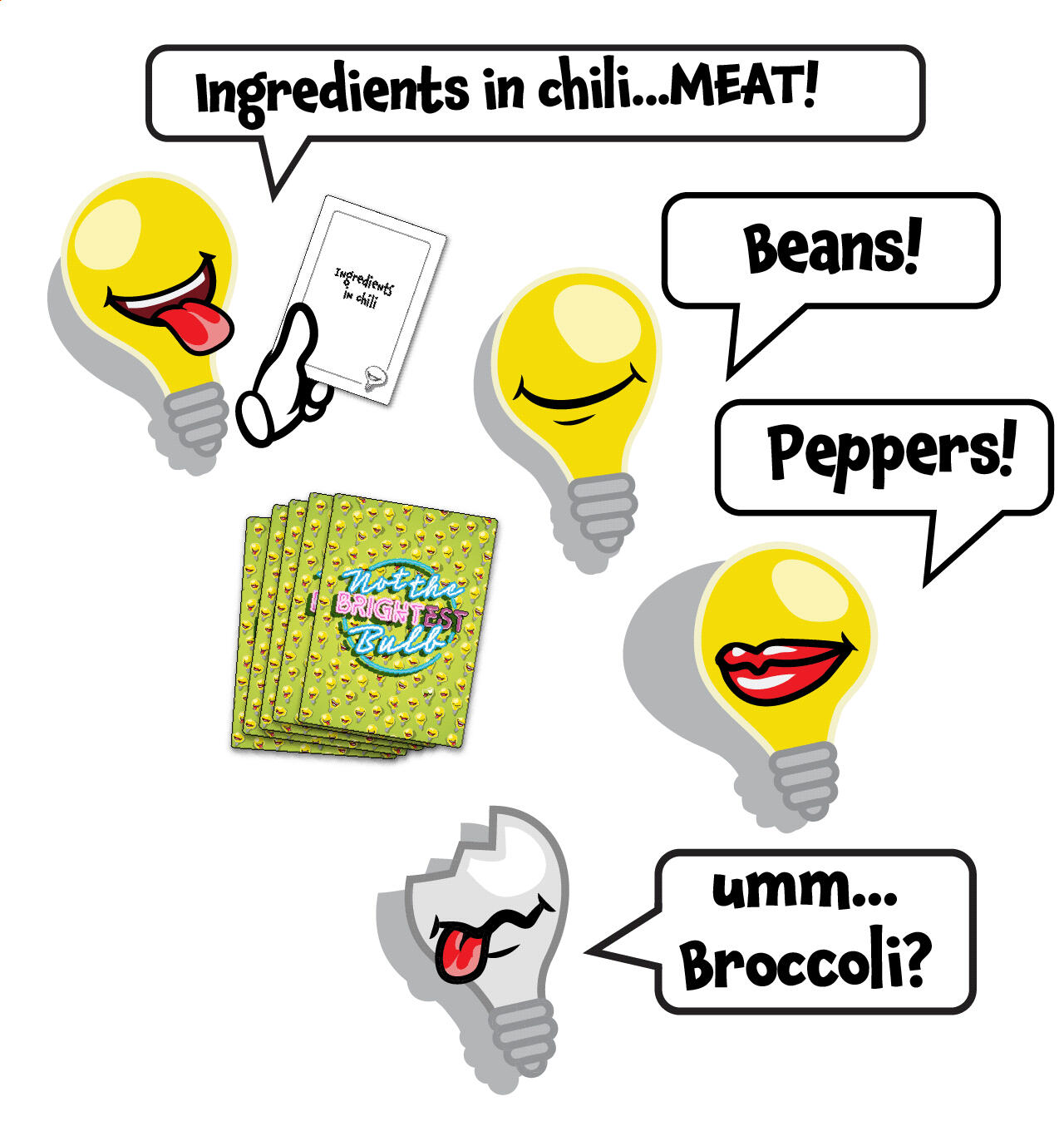 “Not The Brightest Bulb” Gameplay Example with Prompt and Answers Illustration of lightbulb characters shouting answers like "Beans" and "Meat" to the prompt "Ingredients in chili." One bulb says "umm... Broccoli?" A game card and deck are in the center, showing the fast-paced style of Not The Brightest Bulb