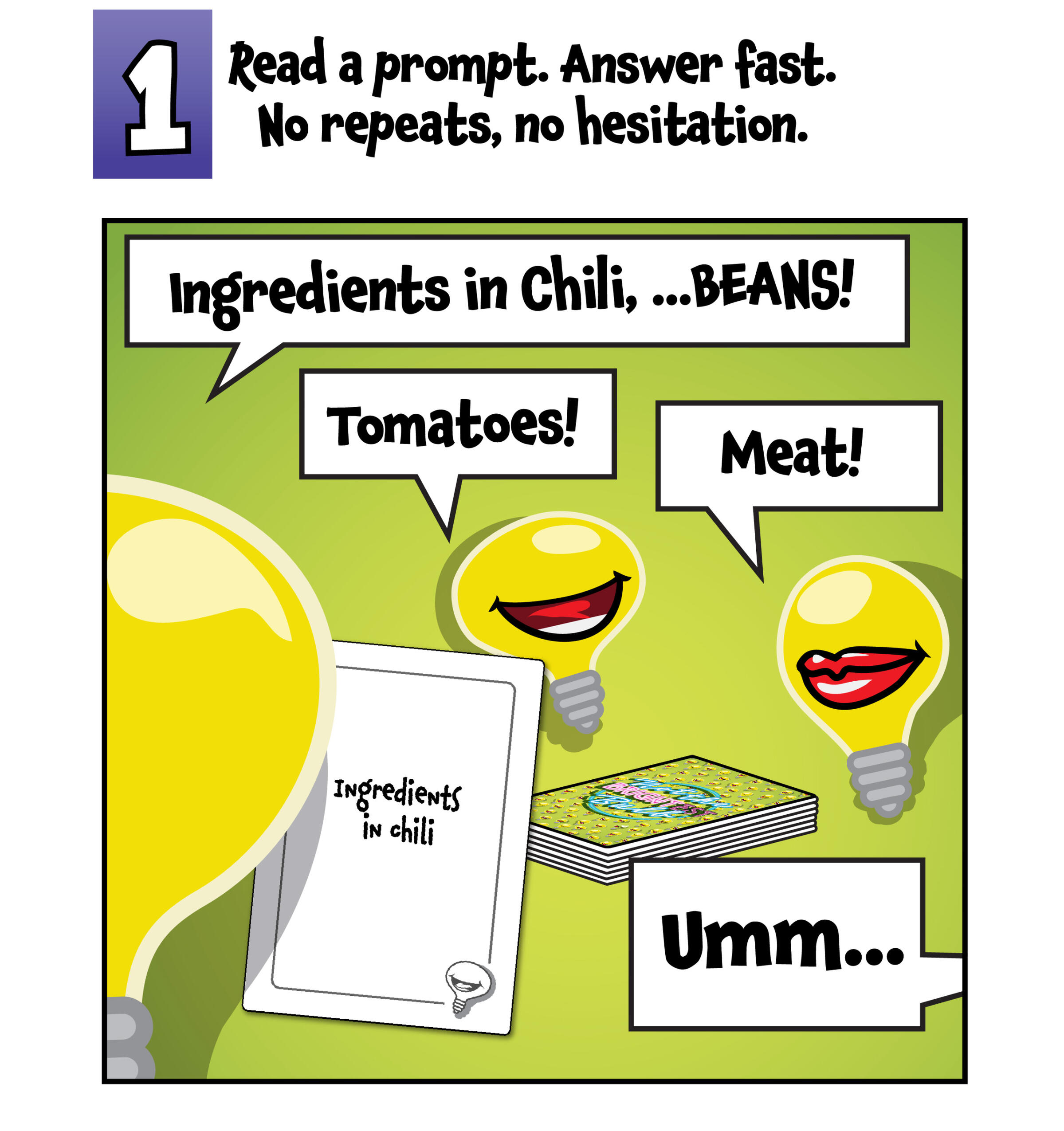 How to Play “Not The Brightest Bulb” – 3-Step Party Game Instructions - Tile 1 Vertical comic-style instructions for the party game Not The Brightest Bulb, showing lightbulbs shouting answers like "Tomatoes" and "Meat" to a prompt. Step 1: Answer fast.