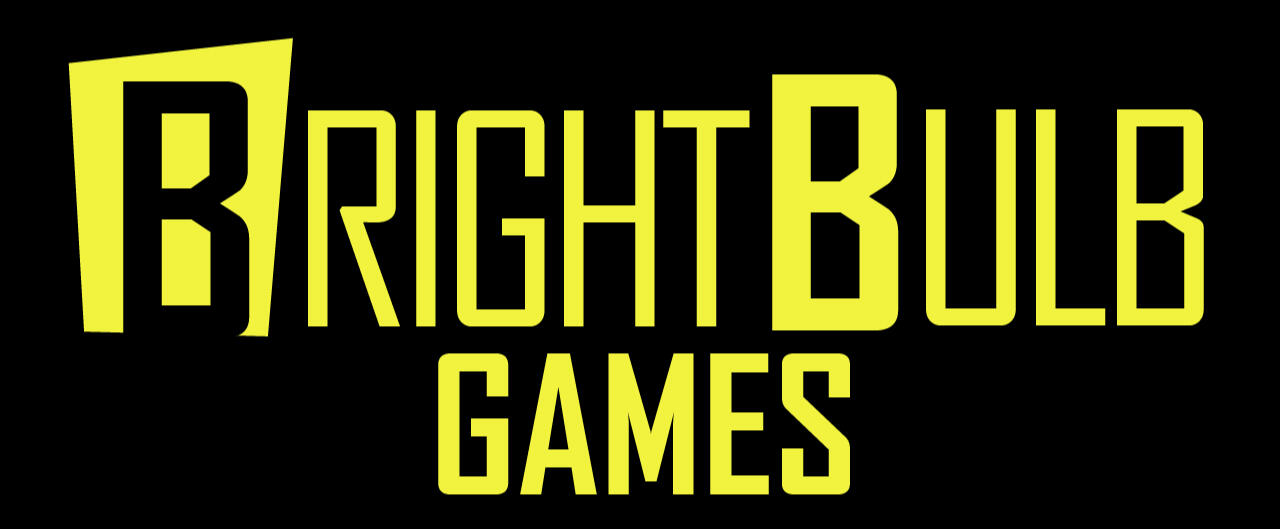 Brightbulb Games logo – bold yellow text on a black background with “Brightbulb” styled in tall, playful letters and “Games” centered below.