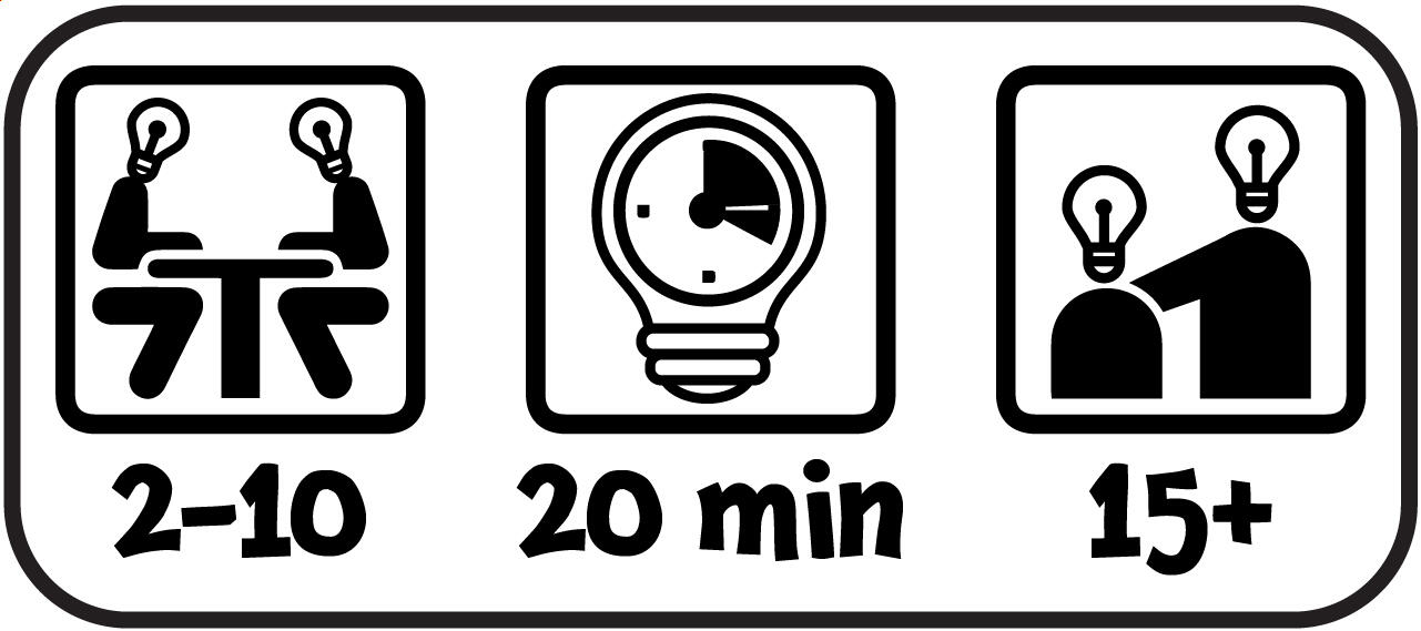 Quick Game Stats – Players, Time, Age Infographic for Not The Brightest Bulb game showing 2–10 players, 20-minute play time, and ages 15+. Icons include two people at a table, a clock inside a lightbulb, and a person with two bulbs overhead to represent player count, game length, and age range