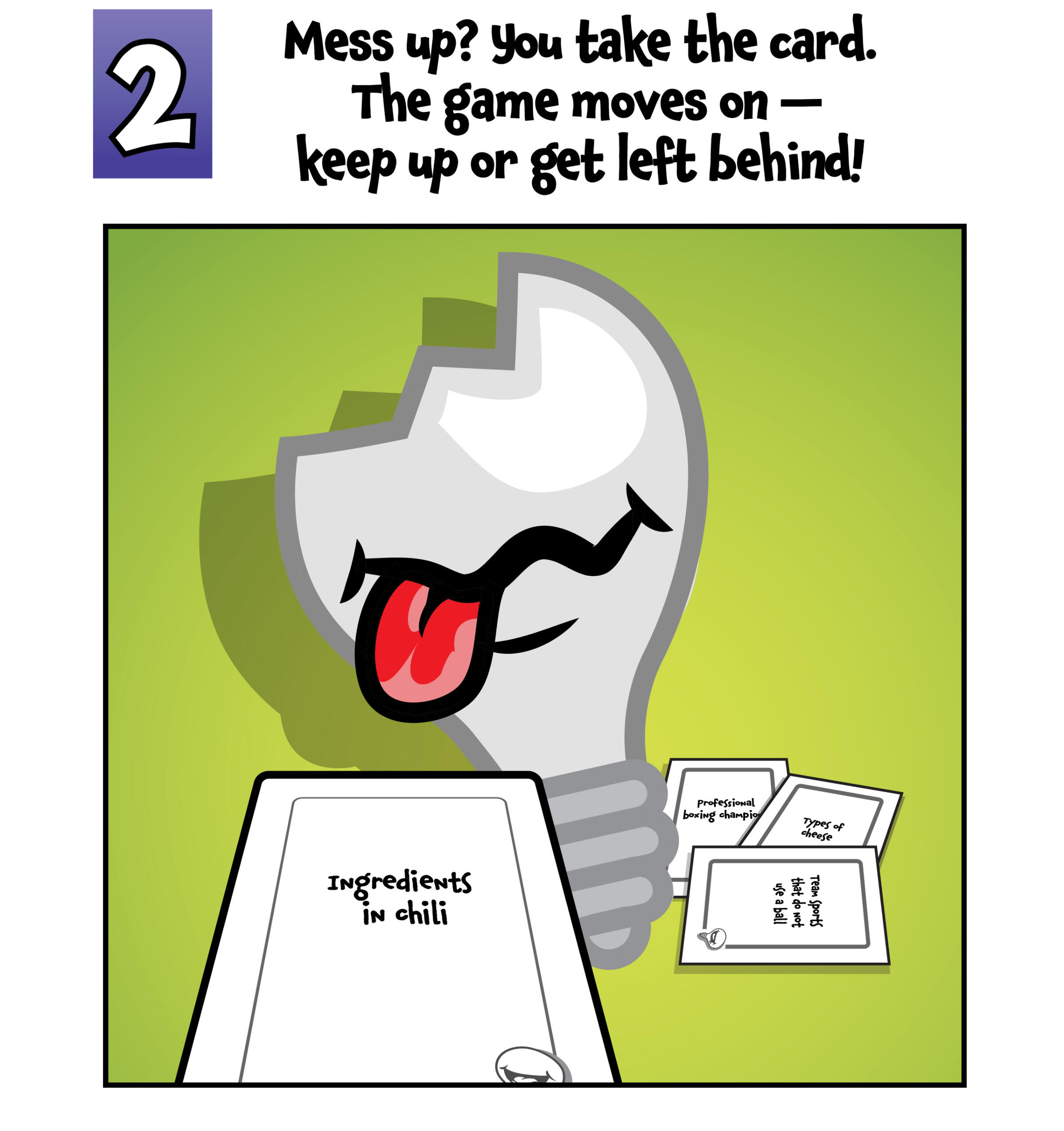 How to Play “Not The Brightest Bulb” – 3-Step Party Game Instructions - Tile 2 Vertical comic-style instructions for the party game Not The Brightest Bulb, showing lightbulbs shouting answers like "Tomatoes" and "Meat" to a prompt. Step 2: Mess up and take a card.